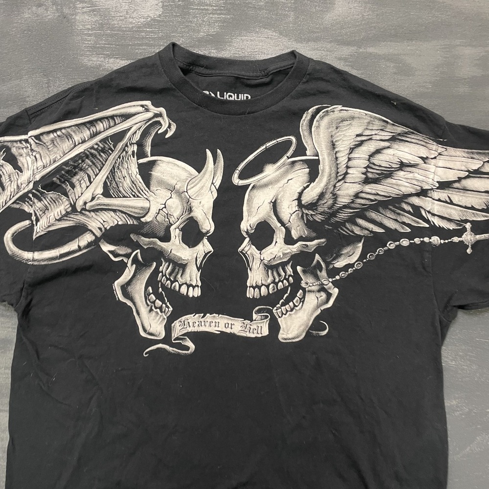 Vintage Heaven and Hell Skulls T-Shirt Men XL Black 2000s Liquid Blue - Picture 2 of 10